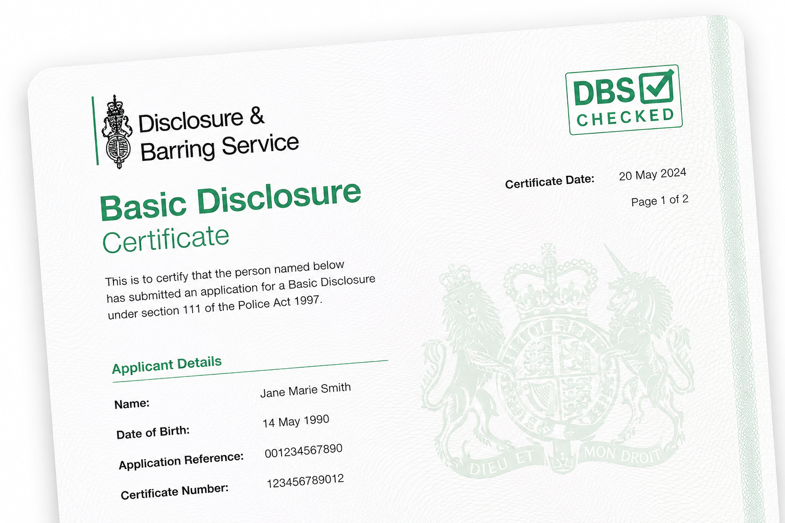 DBS Basic Disclosure Certificate — Disclosure and Barring Service