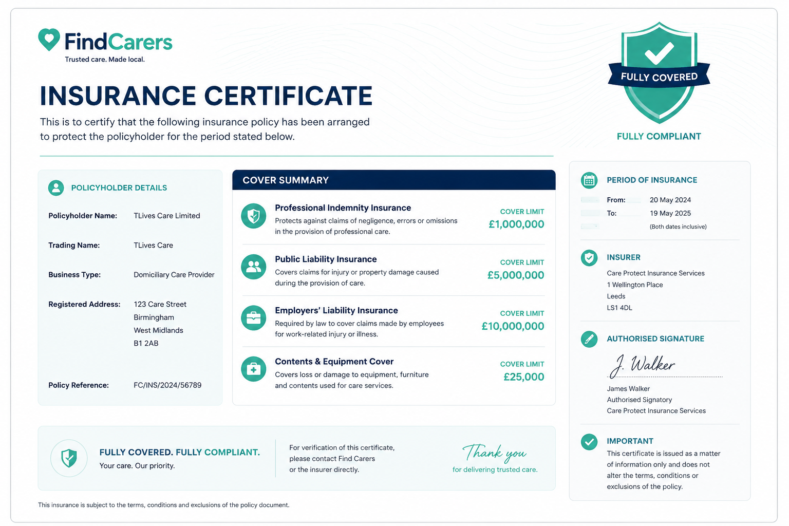 FindCarers Provider Insurance Certificate — Professional Indemnity and Public Liability